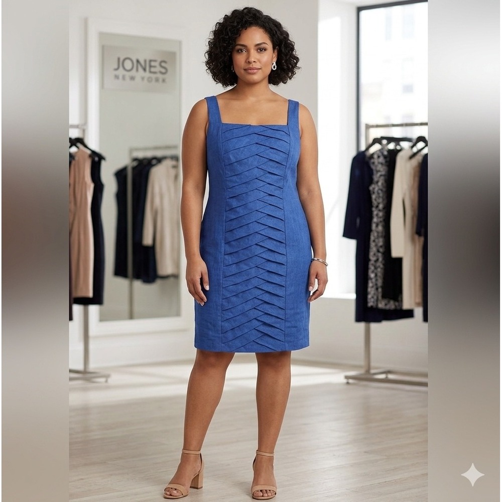 NWT Jones Wear Dress Women 16 Blue Linen Blend Textured Sheath Sleeveless